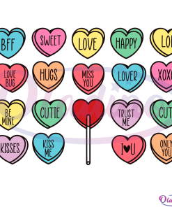 Candy Hearts and Lollipops Svg, Conversation Hearts Svg Digital File