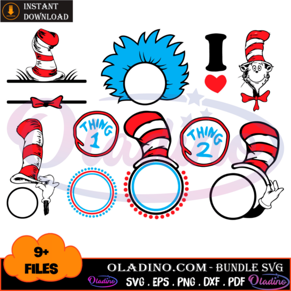 9 Files Of The Cat In The Hat And Thing One Thing Two Bundle SVG