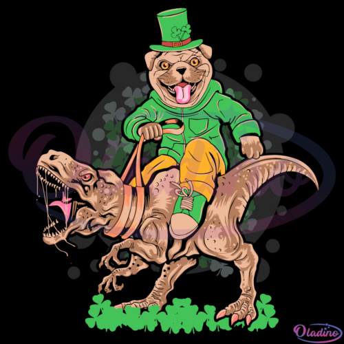 St Patricks Day Pug On Dinosaur T-rex SVG Digital File