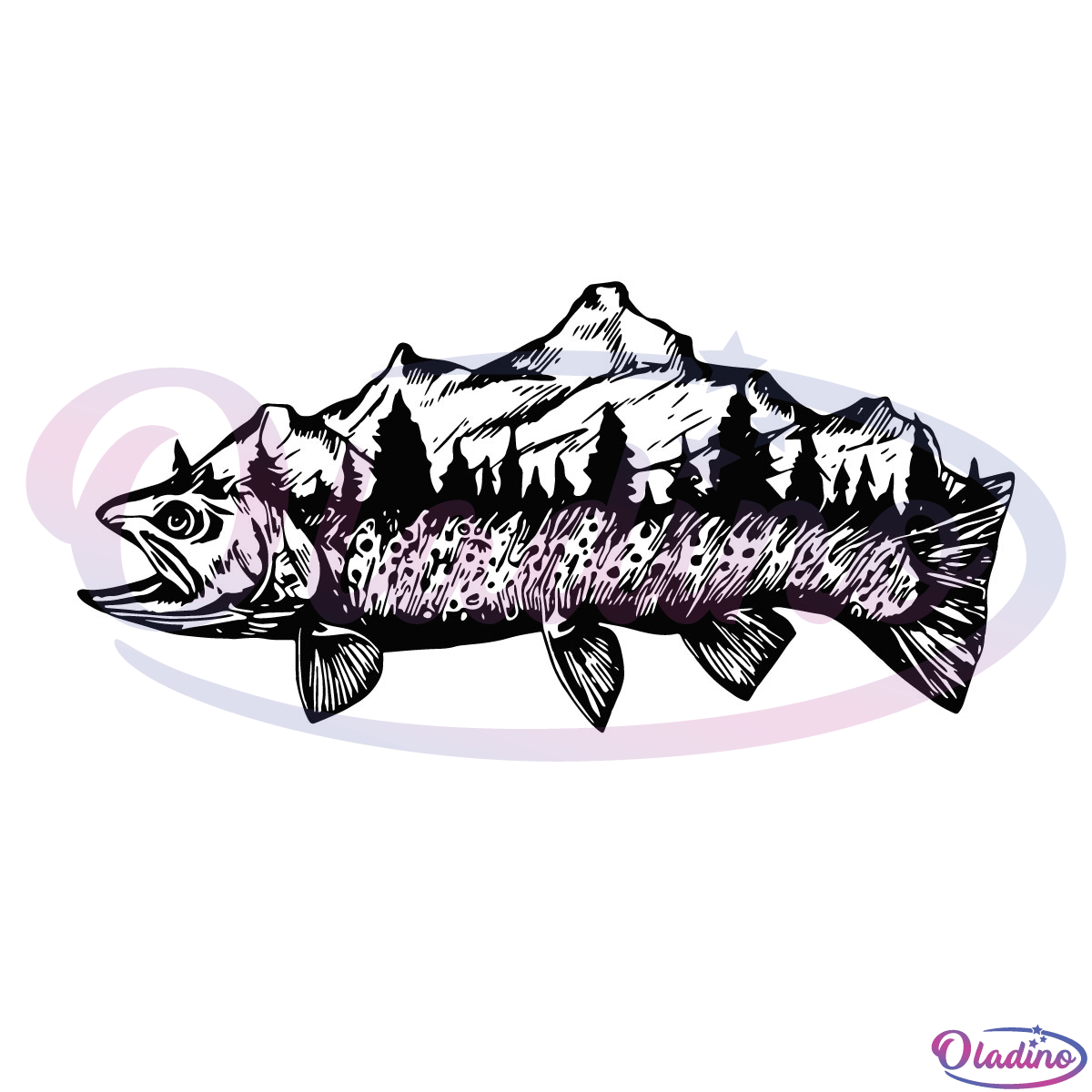 Trout Fish Mountain Love Fishing SVG Digital File, Fish And Tree Svg