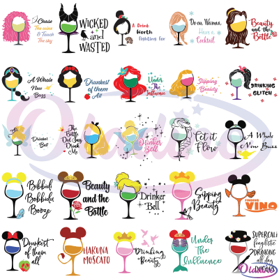 Disney Wine Glass Bundle SVG Digital File, Princess Wine Glass Svg