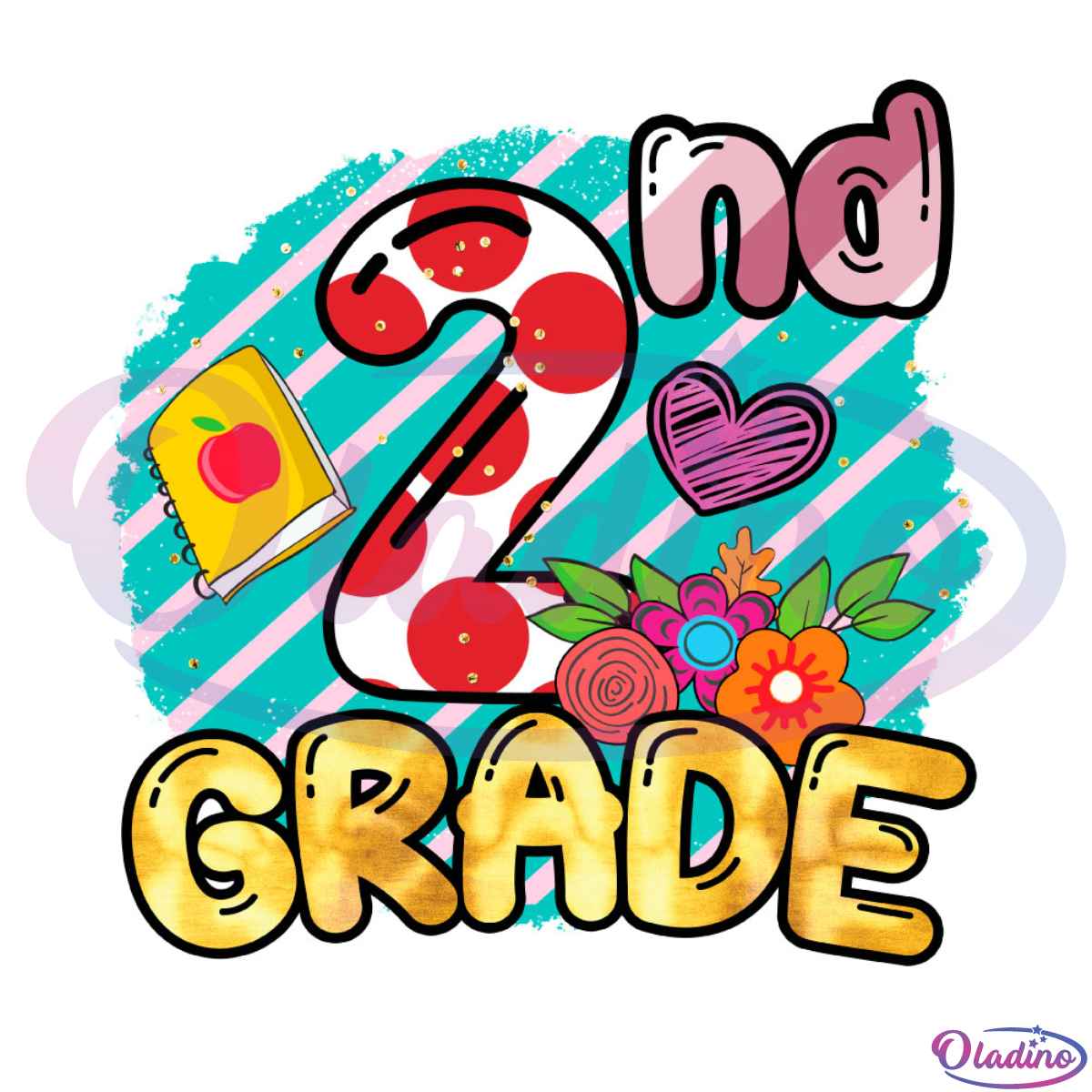 2ng Grade Heart Apple Book PNG Sublimation Designs