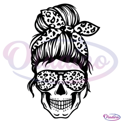 Woman Skull Messy Bun Mom Life Leopard SVG Silhouette