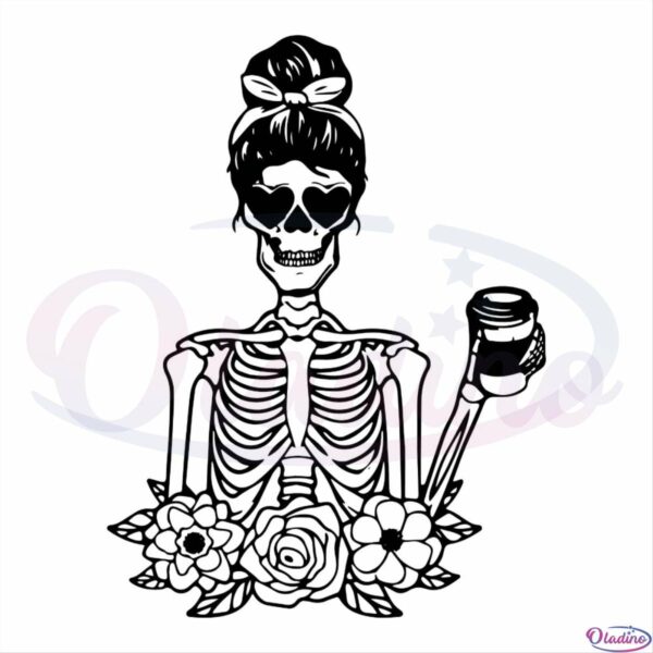 Woman Skeleton Holding Coffee Flower SVG OW260422022 Oladino