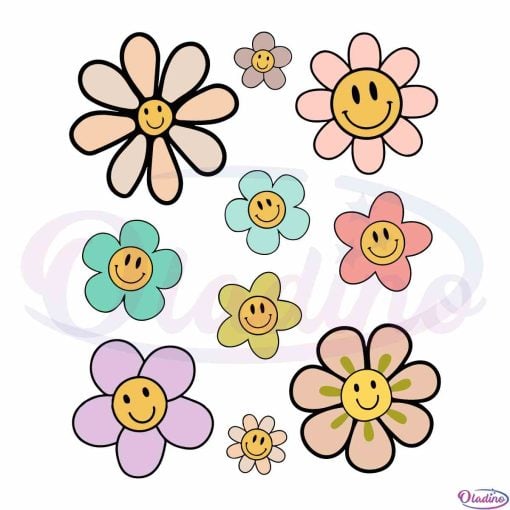 Retro Happy Face Flowers SVG Best Graphic Designs Cutting Files