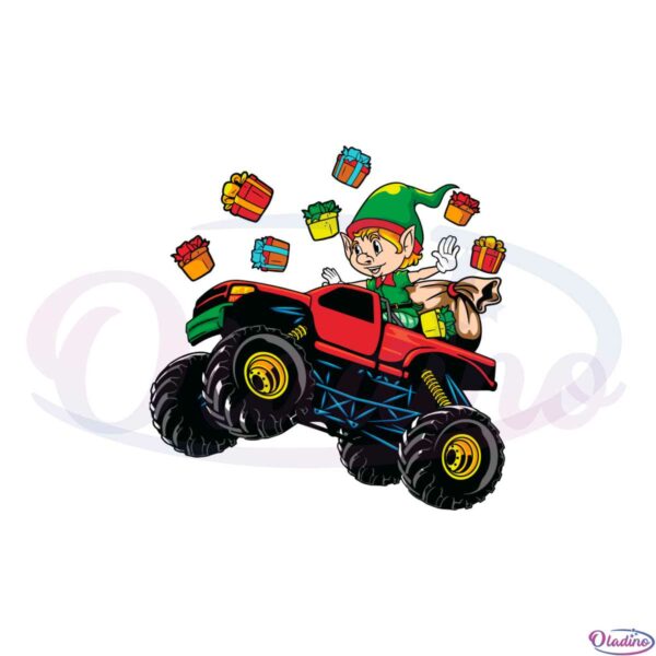 elf-christmas-riding-monster-truck-svg-graphic-designs-files