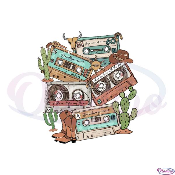 90s-country-music-vintage-cassettes-western-cowboy-png