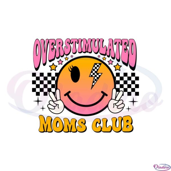 overstimulated-mom-club-smiley-pink-checkered-bolt-svg