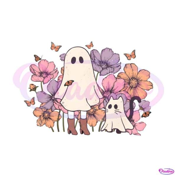 floral-halloween-ghost-and-black-cat-png-download