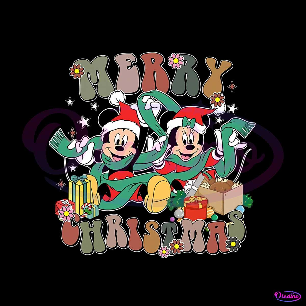 Vintage Floral Mickey and Minnie Merry Christmas SVG File
