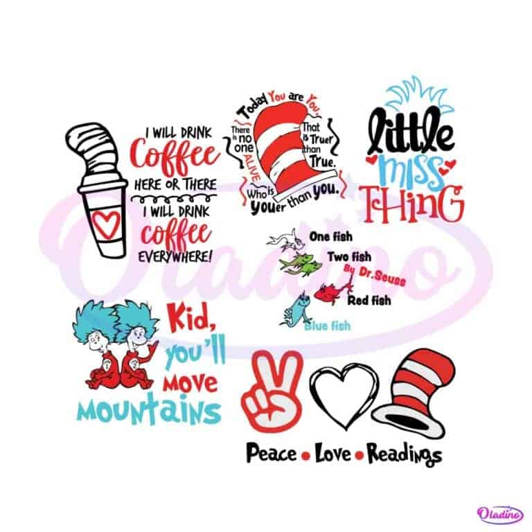Dr Seuss Cat In The Hat Peace Love Reading Bundle Svg - Oladino