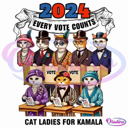 A colorful illustration features eight anthropomorphic cats dressed in vintage 1920s outfits, some voting at booths. Bold text at the top reads "2024 Every Vote Counts," and at the bottom, it says "Cat Ladies for Kamala.