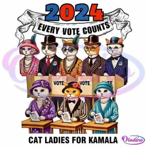 A colorful illustration features eight anthropomorphic cats dressed in vintage 1920s outfits, some voting at booths. Bold text at the top reads "2024 Every Vote Counts," and at the bottom, it says "Cat Ladies for Kamala.