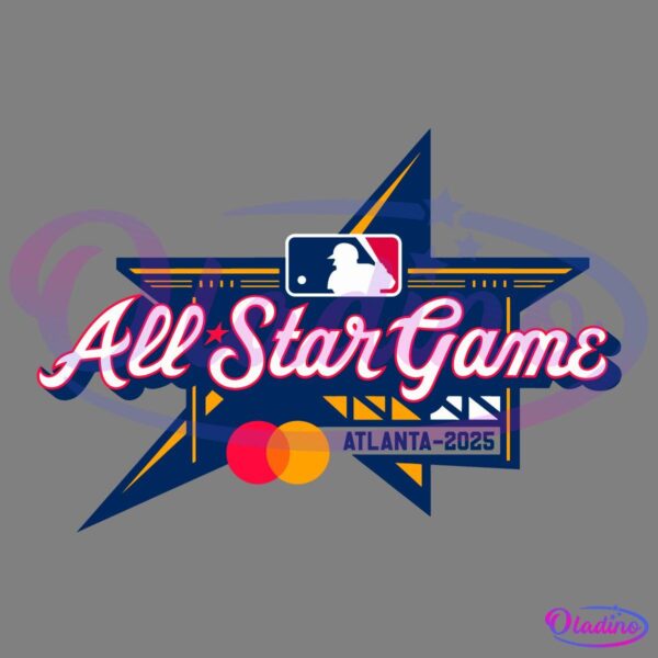 Logo for the 2025 MLB All-Star Game in Atlanta. The design features a large star with the words "All-Star Game" in cursive red and white text. The MLB logo is at the top, and the Mastercard logo is at the bottom. The word "ATLANTA-2025" is also included.