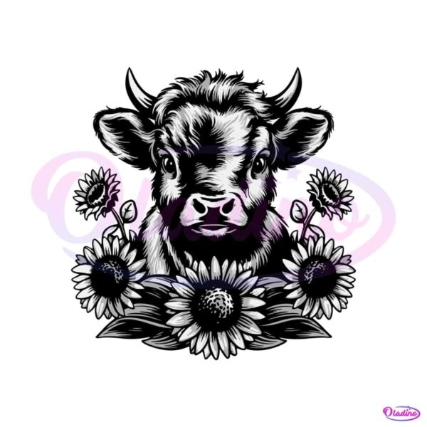 retro-highland-cow-with-sunflowers-svg