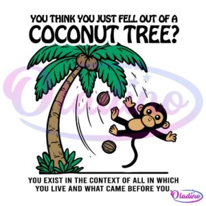 Cartoon image of a monkey swinging near a coconut tree with coconuts falling. The tree has green leaves and a curved trunk with some grass at its base, and the monkey has a playful expression.