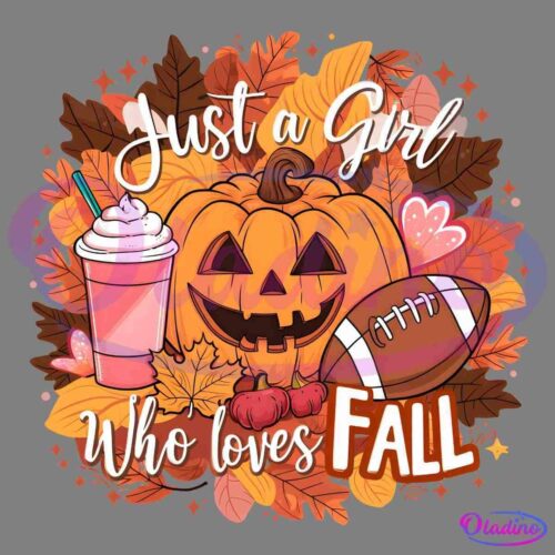 Illustration featuring autumn leaves, a pumpkin with a carved face, a pink drink with whipped cream, a football, and the text "Just a Girl Who Loves Fall." Heart shapes and boxing gloves are also included, adding to the fall-themed composition.