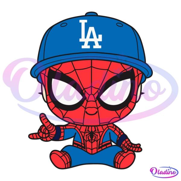 Chibi-style Spider-Man character wearing a blue baseball cap with an "LA" logo, sitting down with a friendly pose, making a web-slinging hand gesture. The background is black.