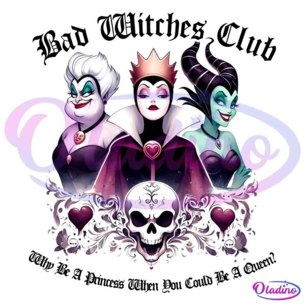 An illustration features three evil-looking women, each with distinctive styles: one with white hair, one with a crown, and another with black horns. Below them is an ornate design with a skull and two red hearts. The background is black.