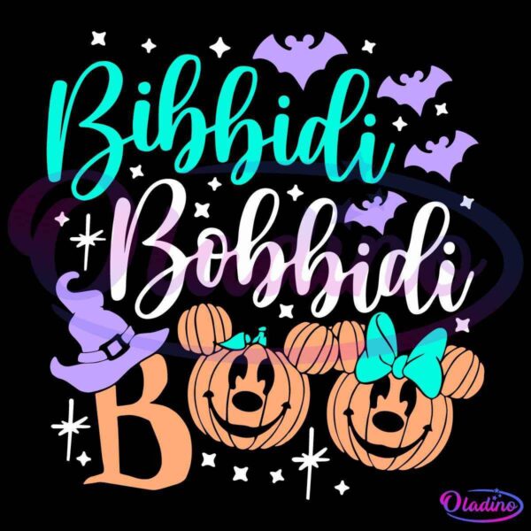 A festive Halloween design with the phrase "Bibbidi Bobbidi Boo" in whimsical fonts. Two pumpkin carvings resembling popular mouse characters are adorned with bows. The design includes stars, a witch hat, and flying bats in shades of purple, teal, and orange.