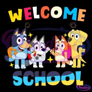 Illustration of four cartoon dogs with backpacks standing in a row, smiling. The text above reads "Welcome back to" and below reads "School" in colorful, playful letters. Two small fireworks are depicted above the characters, adding a festive touch.