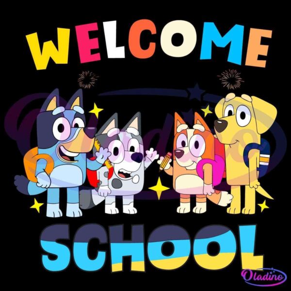 Illustration of four cartoon dogs with backpacks standing in a row, smiling. The text above reads "Welcome back to" and below reads "School" in colorful, playful letters. Two small fireworks are depicted above the characters, adding a festive touch.