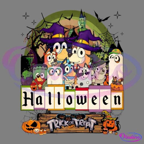 A Halloween-themed illustration featuring cartoon dogs dressed in various costumes against a spooky background of a haunted house, full moon, and bats. They're flanked by pumpkins, skulls, and ghosts. The word "Halloween" is displayed prominently with the phrase "Trick or Treat" below.