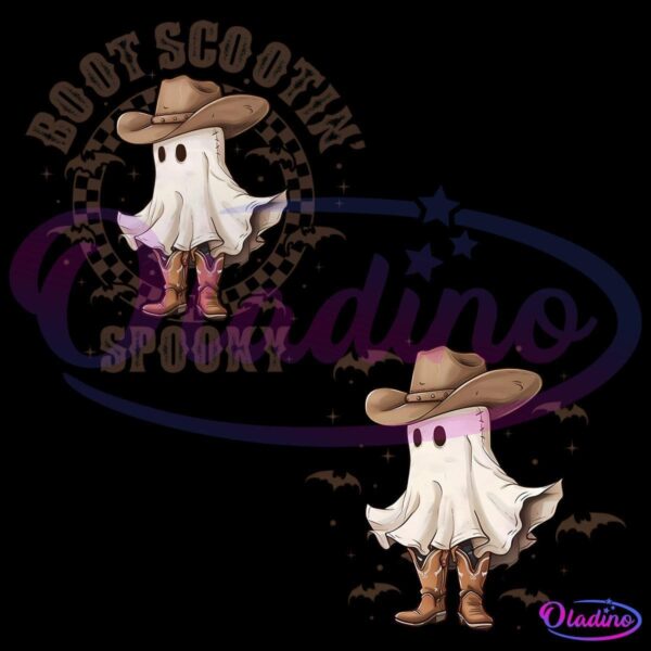 A cartoon ghost dressed in a cowboy hat and boots stands with arms outspread. The ghost's costume appears as a white sheet with two black eyes. Behind the ghost, circular text reads, "BOOT SCOOTIN' SPOOKY." The image is repeated twice with slight variation.