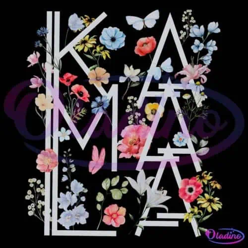 The image features the word "KAMALA" in white block letters, surrounded by an array of colorful flowers and butterflies. The blooms and foliage are interwoven with the text, creating a vibrant, nature-inspired design against a black background.