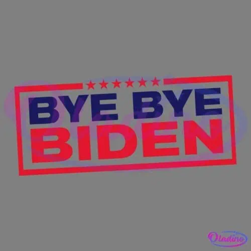 A graphic with the text "BYE BYE BIDEN" in bold letters. The words "BYE BYE" are in blue, and "BIDEN" is in red. The text is enclosed in a rectangular red border, and there are five red stars above the text.