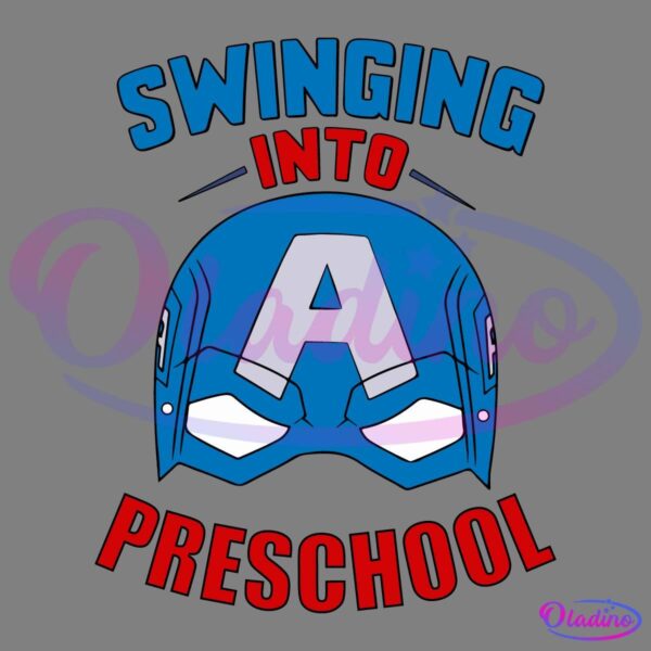 Illustration of a blue superhero mask with a large letter "A" in the center. The text above and below the mask reads "Swinging Into Preschool." The words "Swinging" and "Preschool" are in blue and red respectively, set against a black background.