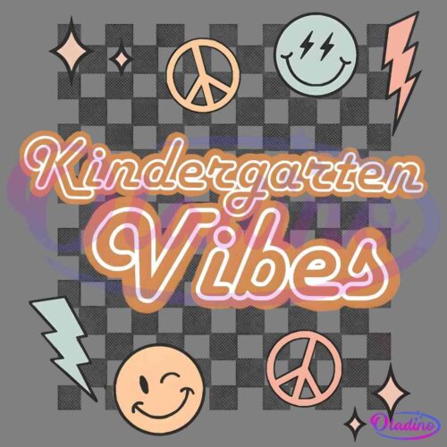 The image has a checkered background and features the text "Kindergarten Vibes" in playful fonts. Surrounding the text are colorful doodles of peace signs, lightning bolts, and smiling faces. The overall tone is fun and whimsical.