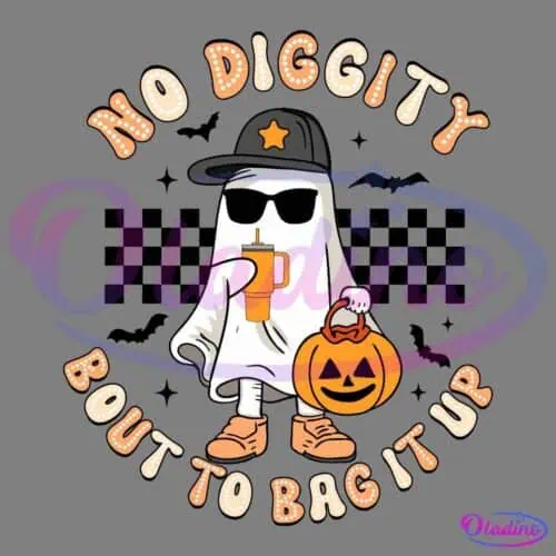 Cartoon ghost wearing a baseball cap, sunglasses, and sneakers, holding a drink and a pumpkin candy bucket. Surrounding text reads "No Diggity Bout to Bag it Up" in playful, dotted letters. The background is black, emphasizing the Halloween theme.