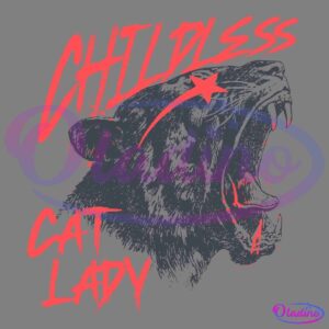 A stylized graphic of a roaring black cat with red splatter effects around it. The text "CHILDLESS CAT LADY" is written in bold, jagged red letters at the top left and bottom left of the image.