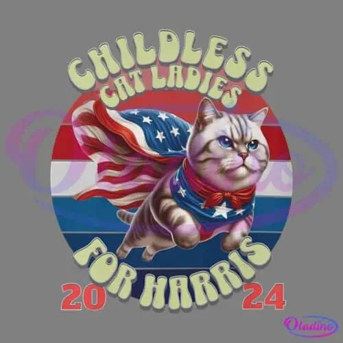 Illustration of a determined-looking cat wearing a star-spangled cape and bandana, flying against a background of red, white, and blue stripes. Text reads "Childless Cat Ladies for Harris 2024.