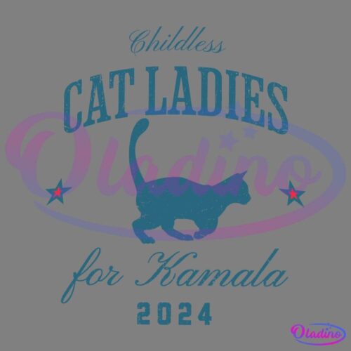 The image features text reading "Childless Cat Ladies for Kamala 2024" in distressed blue letters. Below the words, there is a silhouette of a cat walking, flanked by two red stars.