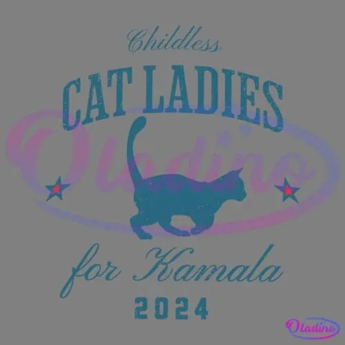 The image features text reading "Childless Cat Ladies for Kamala 2024" in distressed blue letters. Below the words, there is a silhouette of a cat walking, flanked by two red stars.