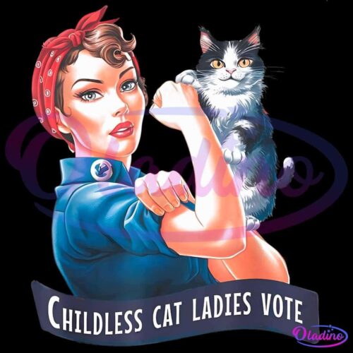 An illustrated woman in a vintage style flexes her arm in a Rosie the Riveter pose while holding a black and white cat. She wears a red bandana and blue shirt. The text under her reads "Childless Cat Ladies Vote.