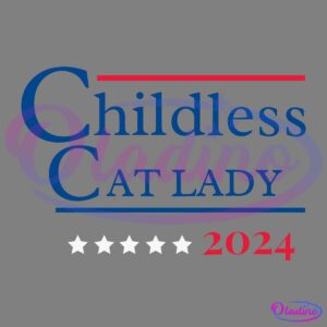 A logo featuring the text "Childless Cat Lady" in blue and "2024" in red, separated by a line. Below the text are five white stars. The design includes a mix of red and blue lines, with "Childless" and "Cat Lady" in large font. Red, white, and blue color scheme.