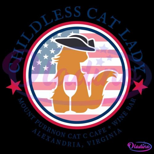 A circular logo with an orange cat wearing a black tricorn hat, sitting with a wine glass against a background of stars and stripes resembling the American flag. The text around the circle reads "CHILDLESS CAT LADY - Mount Purrnon Cat Cafe + Wine Bar - Alexandria, Virginia.