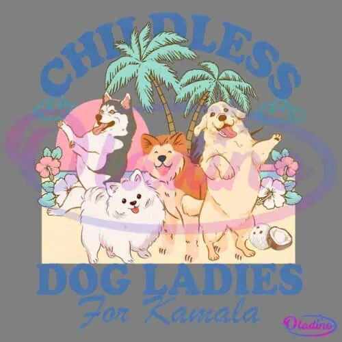 Illustration of four happy dogs with tropical elements, including palm trees, flowers, and a sunset backdrop. Text reads "CHILDLESS DOG LADIES For Kamala" with a playful and supportive tone.