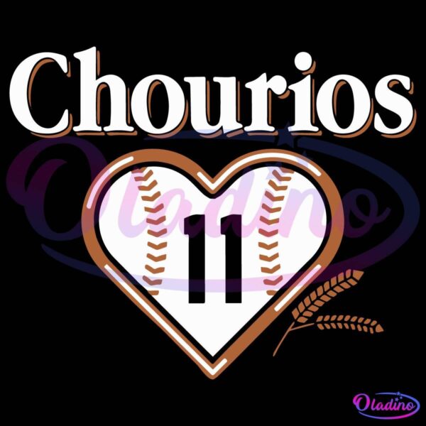 A logo featuring the word "Chourios" in large, bold letters at the top. Below, there is a heart-shaped baseball design with the number "11" centered inside the heart. Two wheat stalks are placed adjacent to the heart on the right side.