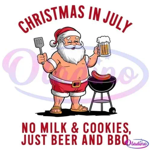 Illustration of Santa Claus wearing a summer outfit, including shorts, a Santa hat, and sandals. He's holding a spatula and a mug of beer, standing next to a barbecue grill with a sausage. Text reads "Christmas in July. No milk & cookies, just beer and BBQ.