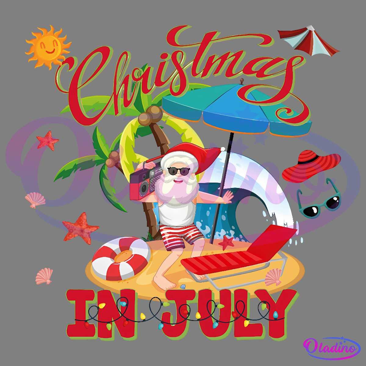 Illustration of Santa Claus relaxing on a beach under an umbrella, holding a boombox. Elements include a surfboard, palm trees, an inflatable ring, seashells, a beach chair, and the text "Christmas in July" in colorful, festive fonts.