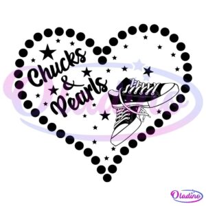 The image is a heart shape made of dots with the text "Chuck & Pearl's" and the figure of a fish inside. The heart outline and text are dark, giving it a stylized, retro feel.