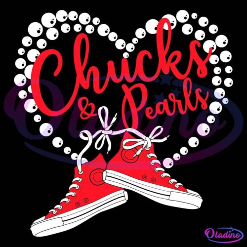 A heart made of white pearls surrounds the red text "Chucks & Pearls." Below, a pair of red Converse-style sneakers with white laces is displayed, one slightly overlapping the other. The design has a playful and modern aesthetic.