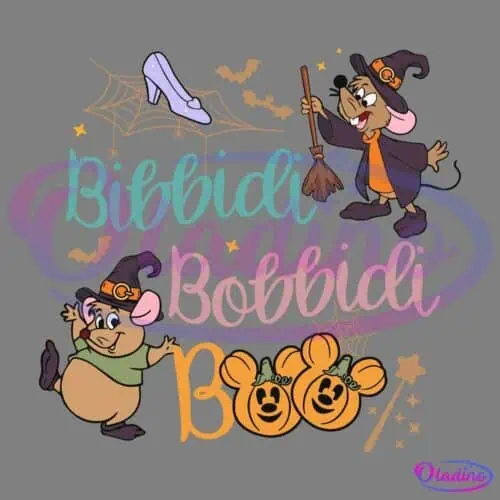 Illustration of mice dressed as witches next to Halloween-themed elements like pumpkins carved with smiley faces, bats, spider webs, and a glass slipper. The text "Bibbidi Bobbidi Boo" is prominently displayed in colorful whimsical fonts.