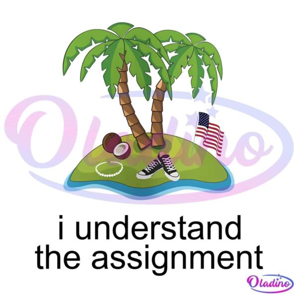 Illustration of a small island with two palm trees. The island features a split coconut, a seashell necklace, a pair of black sneakers, and an American flag. There is black text below the island.