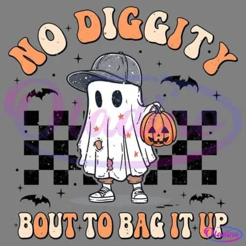 A cute cartoon ghost wearing a gray cap and sneakers holds an orange pumpkin bucket. The ghost’s sheet has holes and stars on it. Text above and below reads "No Diggity, Bout to Bag It Up." Bat silhouettes are in the background.