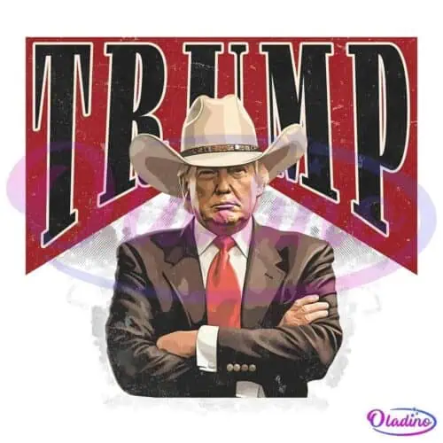 Illustration of a man wearing a suit, red tie, and cowboy hat, standing with arms crossed. Behind him, bold letters spell out "TRUMP" against a red and grey backdrop. The style is reminiscent of vintage posters.